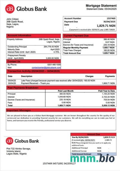 Nigeria Globus Bank wyciąg z kredytu hipotecznego szablon Word i PDF